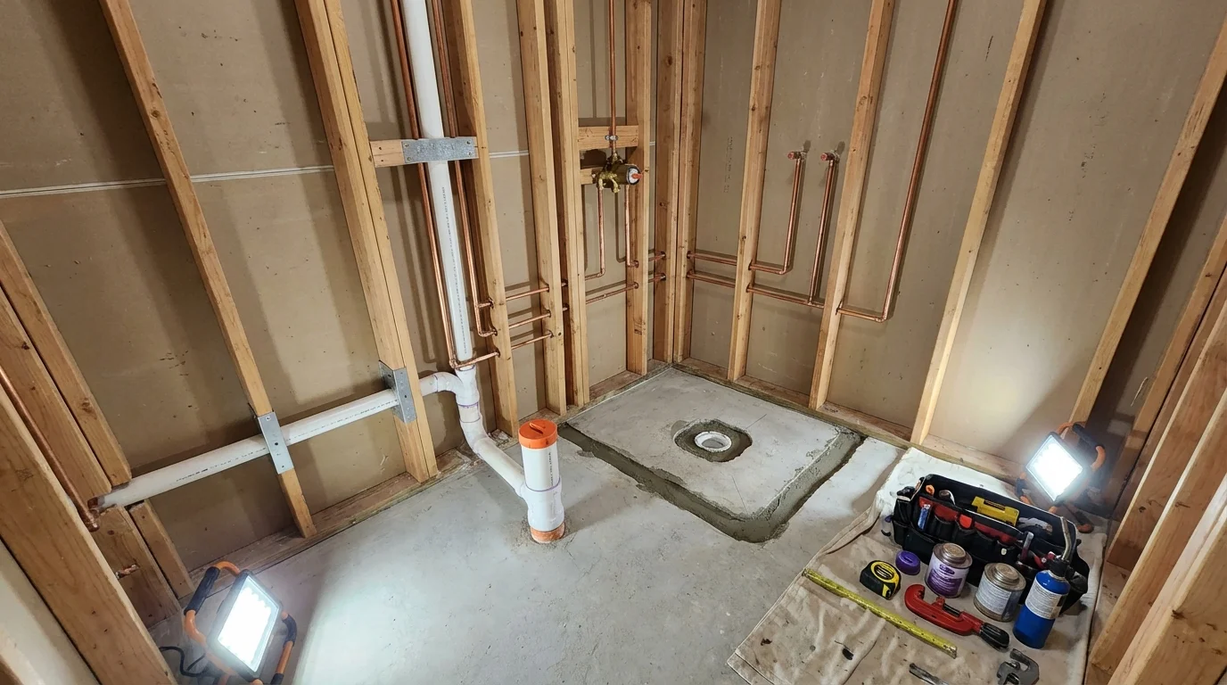 Bathroom rough-in plumbing during remodel by Johns Plumbing LLC in Beach Haven