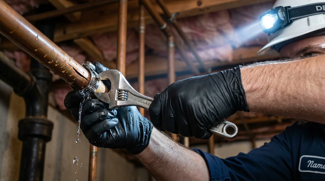 Emergency pipe clamp repair being performed by a Johns Plumbing LLC plumber in Beach Haven