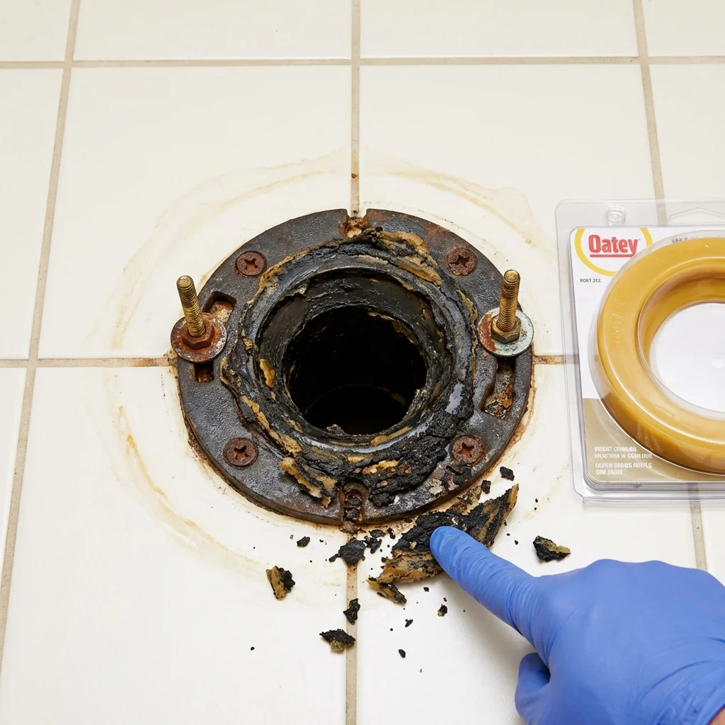 Failed wax ring showing water seepage at the base of a toilet in a Beach Haven, NJ home