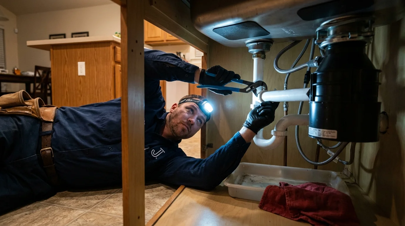 P-trap and supply line connections under a kitchen sink showing a common leak point in Beach Haven, NJ